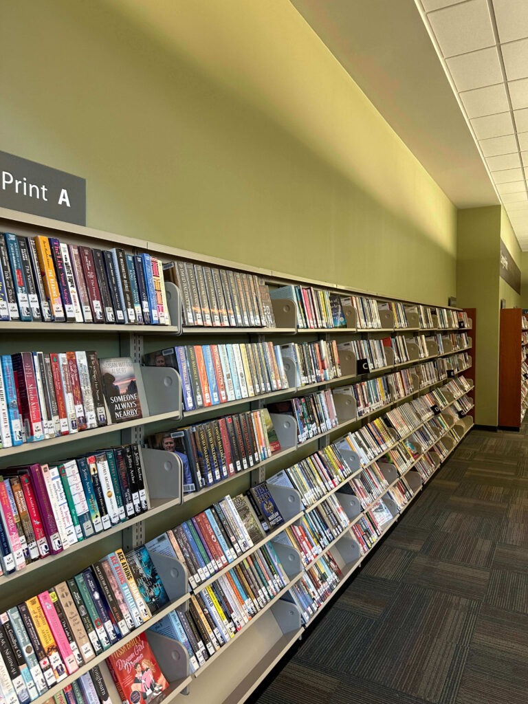 Pictured is the Large Print section of the Strathcona County Library.
